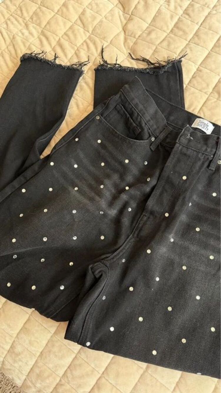 Y2K Black Rhinestone Jeans 9/29 Baggy Straight Leg Crystal Studded Grunge